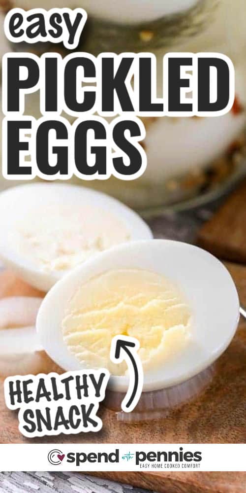 Egg cut in half with writing for Easy Pickled Eggs
