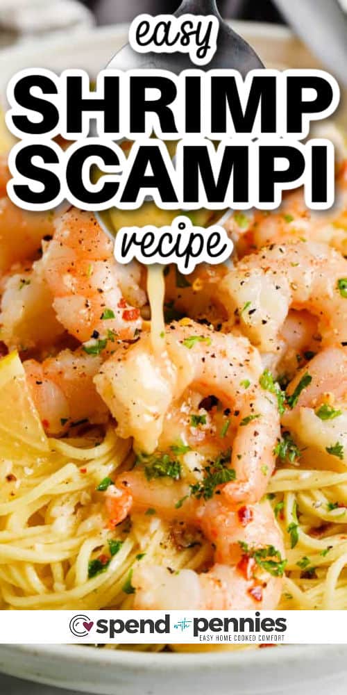 close up of Easy Shrimp Scampi Recipe with writing