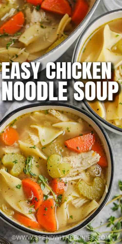 Chicken Noodle Soup in bowls with a title