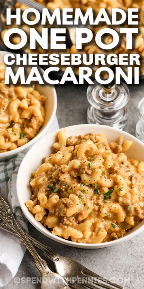 A bowl of homemade cheeseburger macaroni with salt and pepper shakers