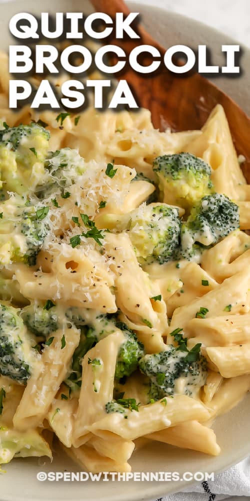 broccoli pasta with wooden spoon with text