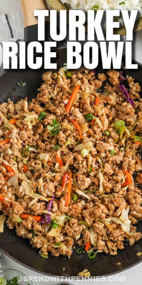 cooking ingredients to make Sesame Ground Turkey Bowls with a title