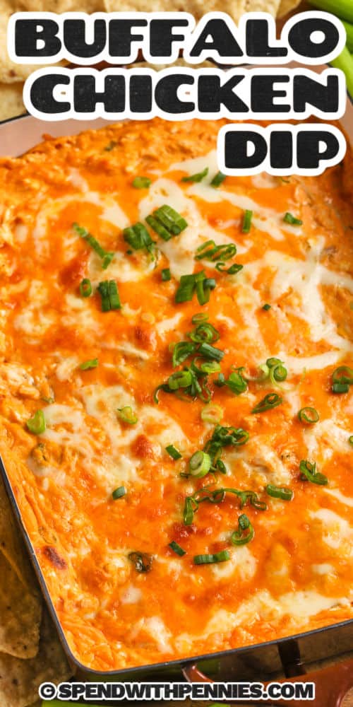 The Best Buffalo Chicken Dip in a dish with a title