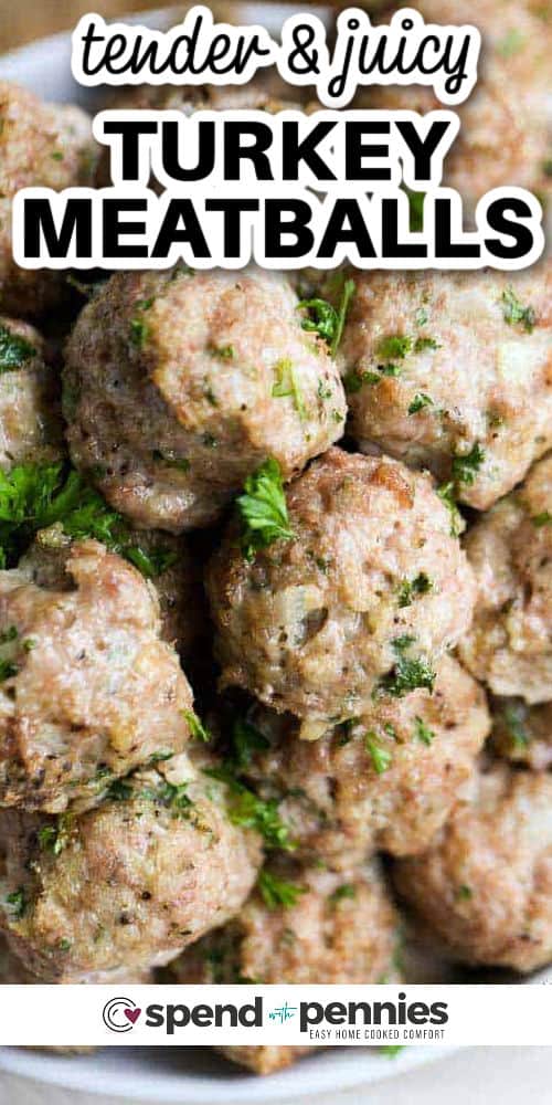 close up of Turkey Meatballs with writing
