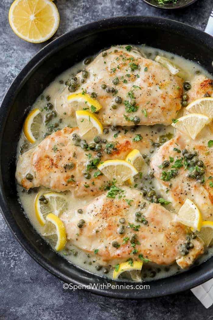 Overhead view of Chicken Piccata in the pan