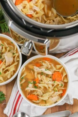 Instant Pot Chicken Noodle Soup in a white bowl