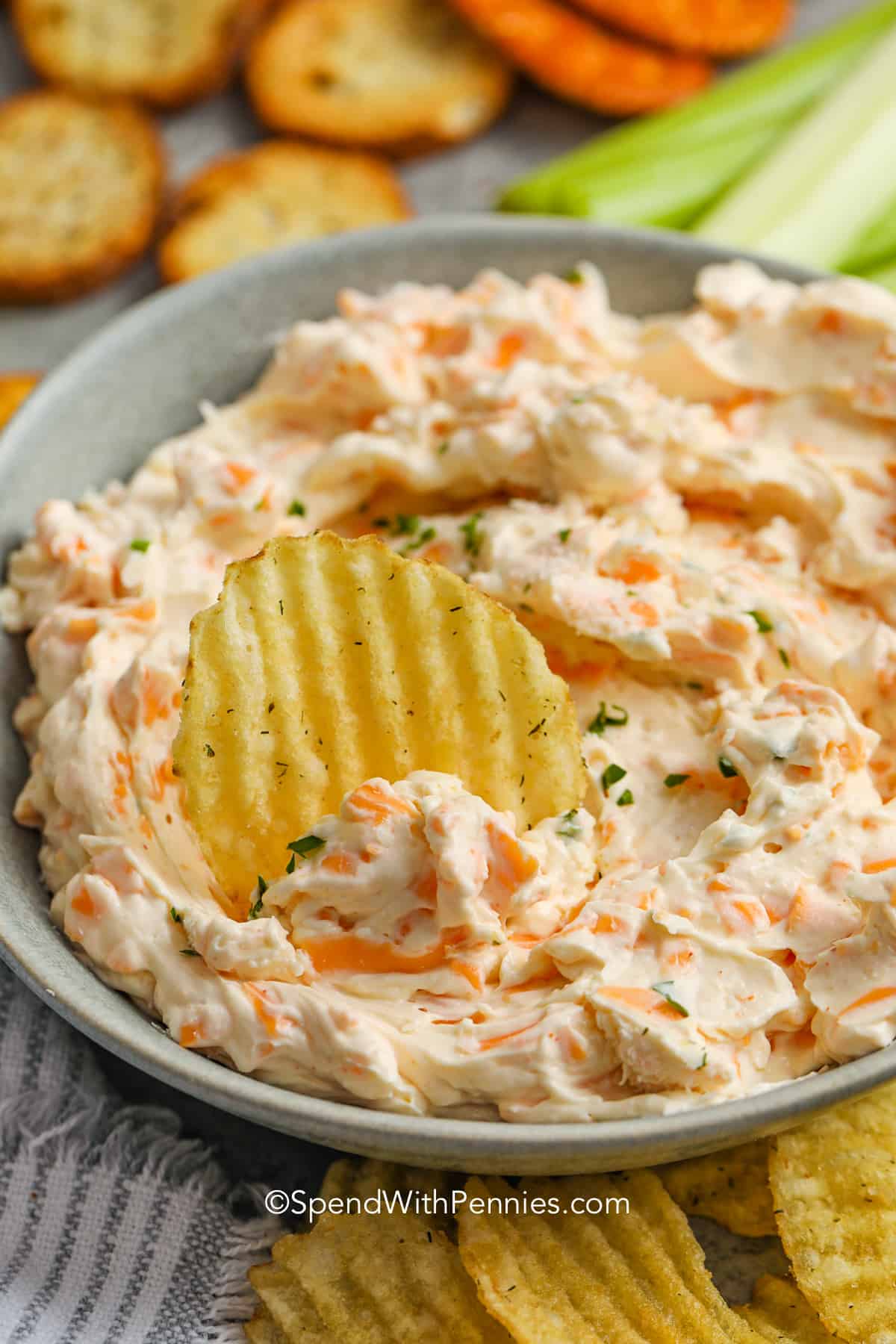 cheese dip in a bowl with a potato chip in it