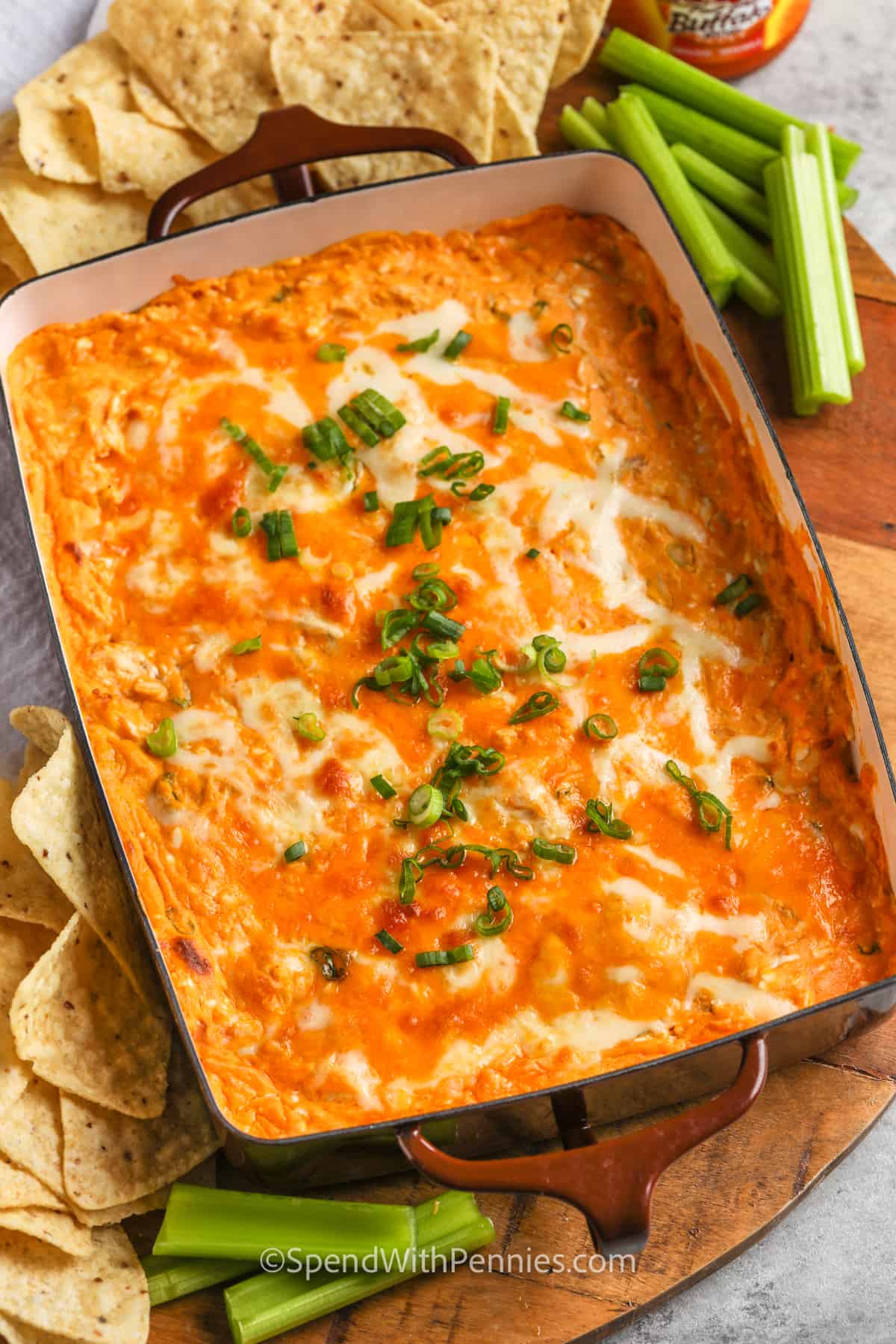 The Best Buffalo Chicken Dip baked in the dish