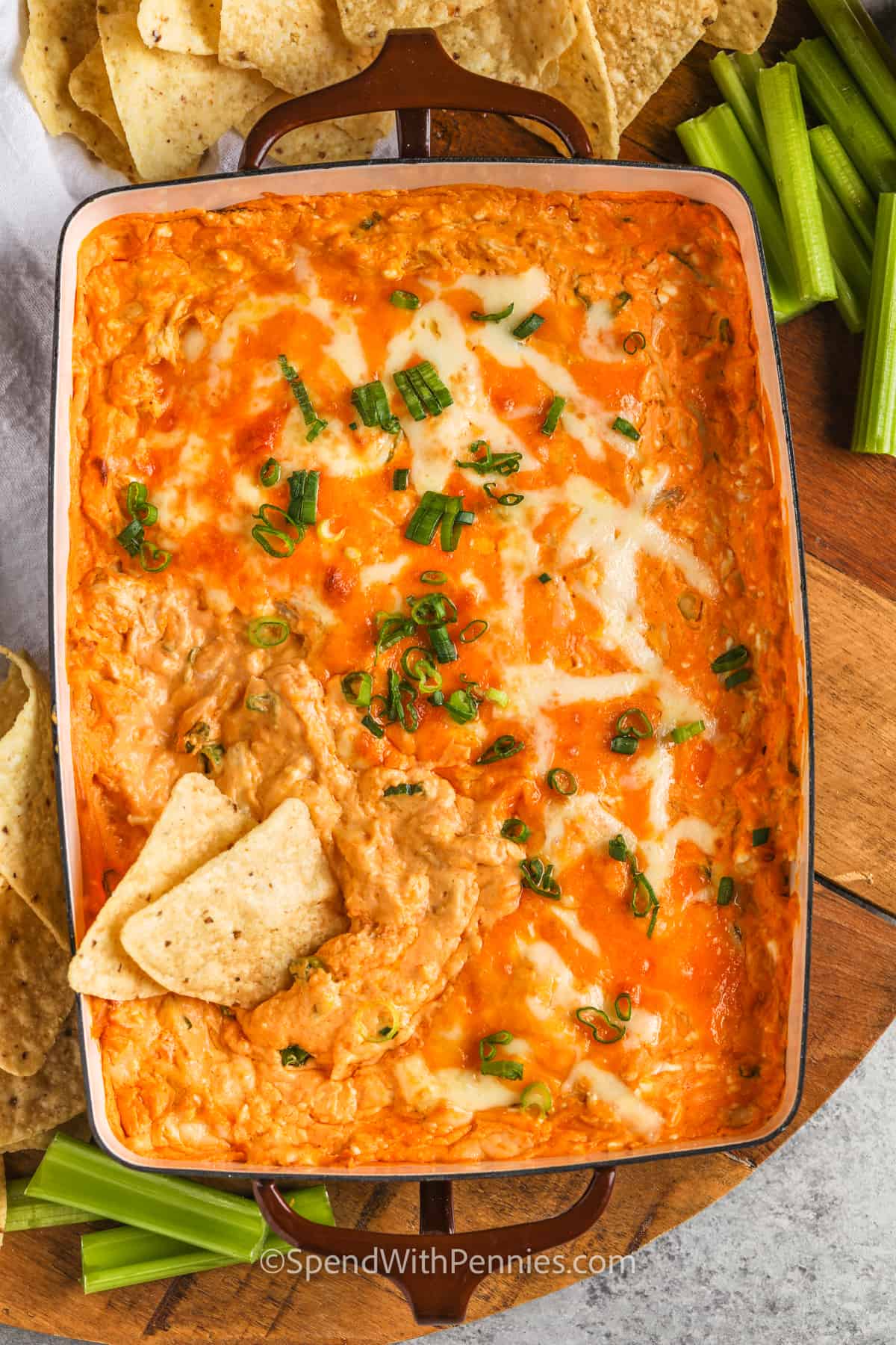 The Best Buffalo Chicken Dip with tortilla chips