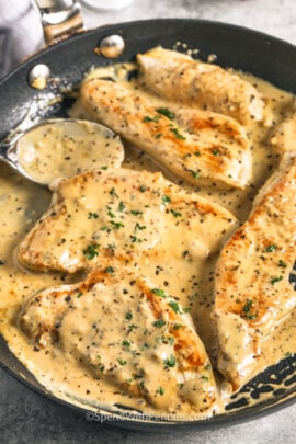 cooked Turkey Cutlets with Dijon Sauce in the pan