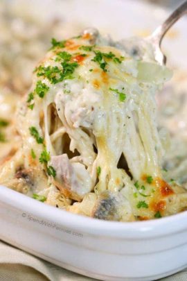 Turkey Tetrazzini on a fork from a pan