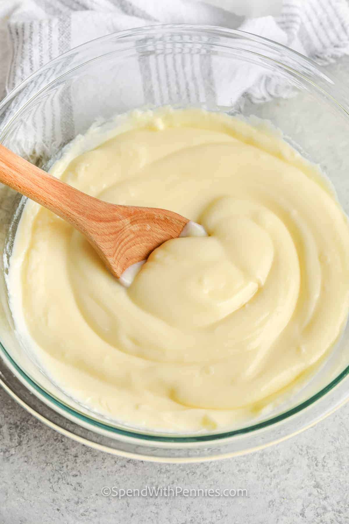 Vanilla Custard in a bowl with a spoon